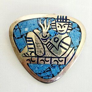 VTG Taxco Mexico 925 Silver Broach Pin Pendant Aztec Mayan Inlaid Turquoise 17g